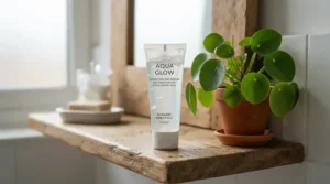 A glowing tube of the best gel toothpaste resting on a clean wooden shelf in a bright Canadian bathroom.