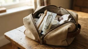 A travel-sized tube of the best gel toothpaste packed inside a canvas dopp kit for a weekend trip in Vancouver.