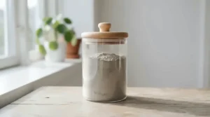 Eco-friendly glass jar of kaolin clay tooth powder for whitening on a marble countertop.