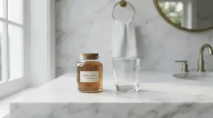 A clear whitening gel toothpaste tube displayed next to a glass of water on a clean countertop.