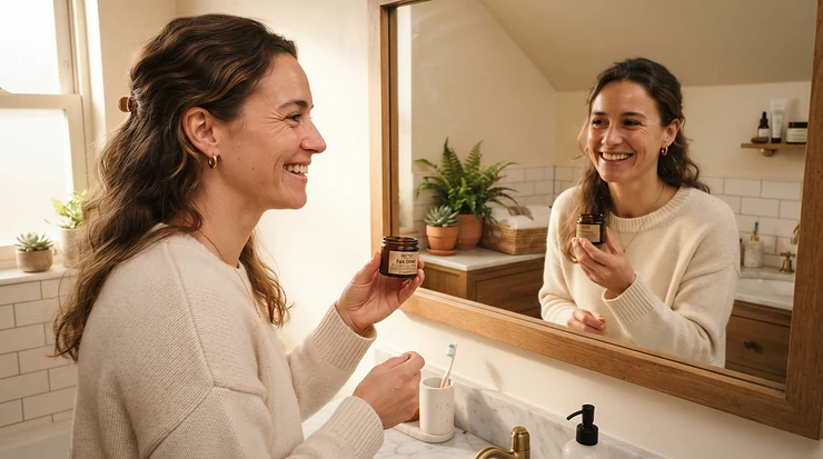 Smiling Canadian woman holding a jar of herbal tooth powder for whitening in her apartment.