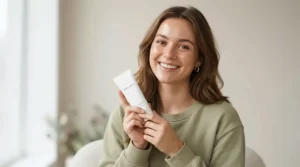 A smiling individual holding a tube of whitening gel toothpaste after a morning oral care routine.