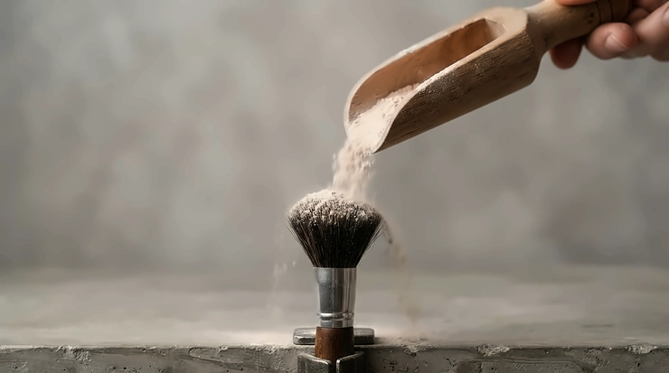 Desensitizing tooth powder for sensitive teeth being scooped onto a soft-bristled brush