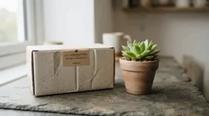 Sustainable packaging for whitening gel toothpaste resting on a stone countertop with green plants.