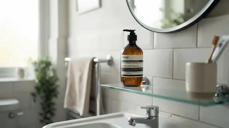 A family bathroom shelf featuring a convenient pump dispenser of whitening gel toothpaste.