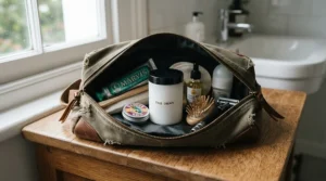 A travel bag containing a tube of mild whitening gel toothpaste ready for a weekend trip in Canada.