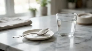 Low-abrasion mineral blend tooth powder for sensitive teeth next to a ceramic sink