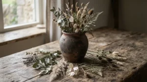 Natural herbal tooth powder for sensitive teeth resting on a rustic wooden ledge in Montreal