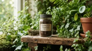 Close-up of organic tooth powder for whitening displayed on a wooden shelf next to green plants.