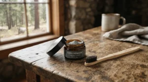 Travel pouch containing tooth powder for whitening on a wooden cabin table during a Rockies getaway.
