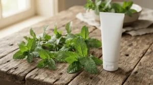 Fresh mint leaves placed beside a tube of refreshing whitening gel toothpaste on a wooden shelf.