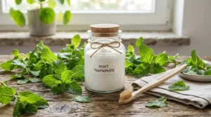 Refreshing herbal tooth powder for sensitive teeth and bad breath on a wooden bathroom vanity