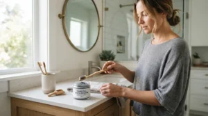 A person using tooth powder for whitening at a bright modern bathroom sink in Toronto.