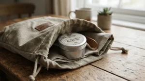 Compact travel-size tooth powder for sensitive teeth packed in a canvas travel pouch