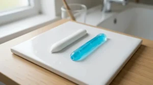 An illustration comparing the translucent texture of whitening gel toothpaste with standard opaque paste.