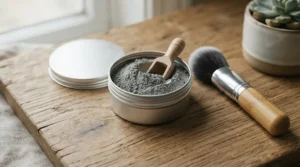 Sustainable zero waste packaging for tooth powder for whitening on a rustic cedar board.